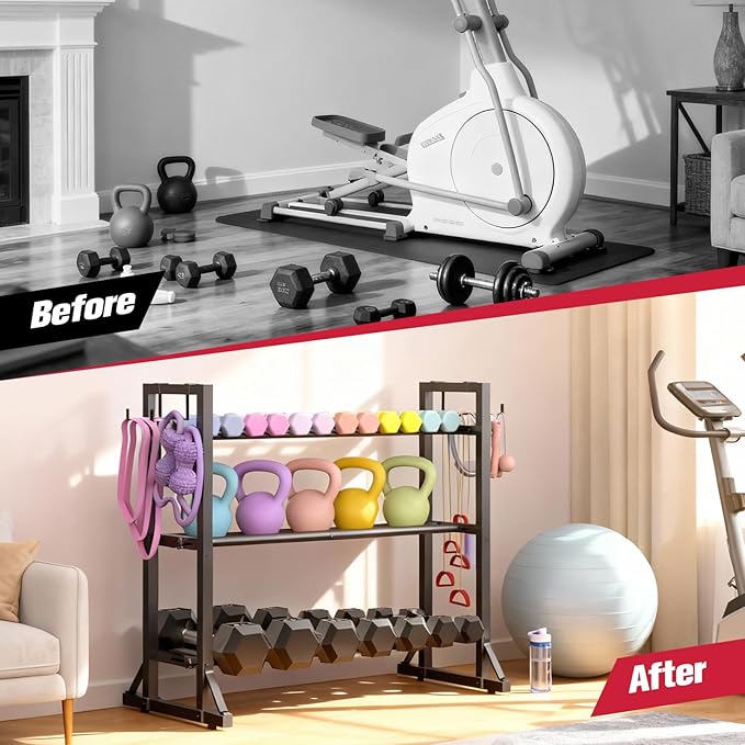 3-Tier Adjustable Dumbbell Rack Stand - Heavy-Duty Carbon Steel Weight Storage Organizer for Home Gym, Easy Assembly, 450 lb Capacity for Dumbbells & Kettlebells