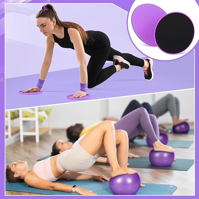Poen 18 Pcs Home Pilates Ball and Ring Circle Set Yoga Fitness Essentials Kit with 5 Resistance Band Stretching Strap Non Slip Sock Ball Core Slider Wristband Headband Gym Bag for Women