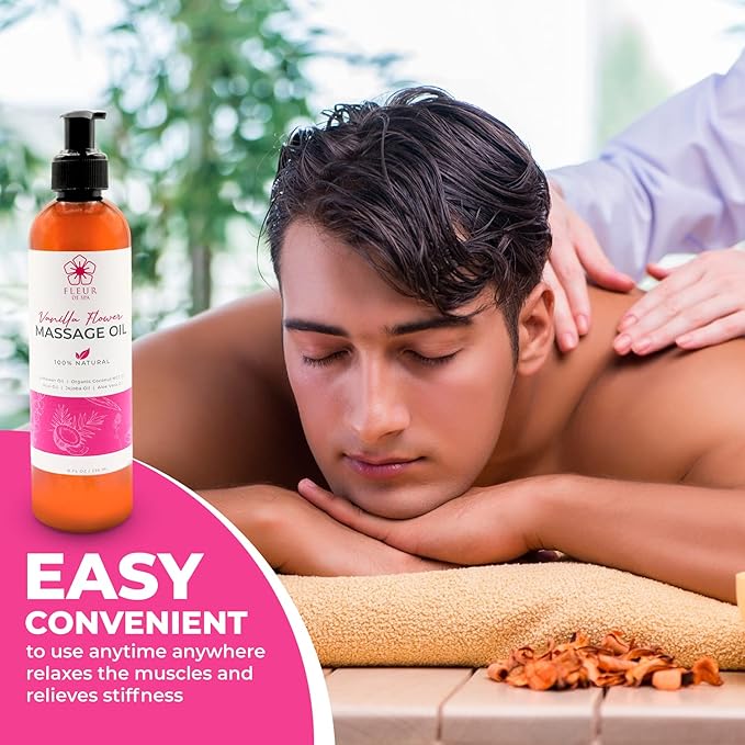 Massage Oil 8oz Pump by FLEUR DE SPA – Luxurious Therapeutic Body Oil – Made in USA – Safflower & Organic Coconut with Acai Berry – Soothes Sore Muscles, Relieves Stiffness, Anti-Cellulite