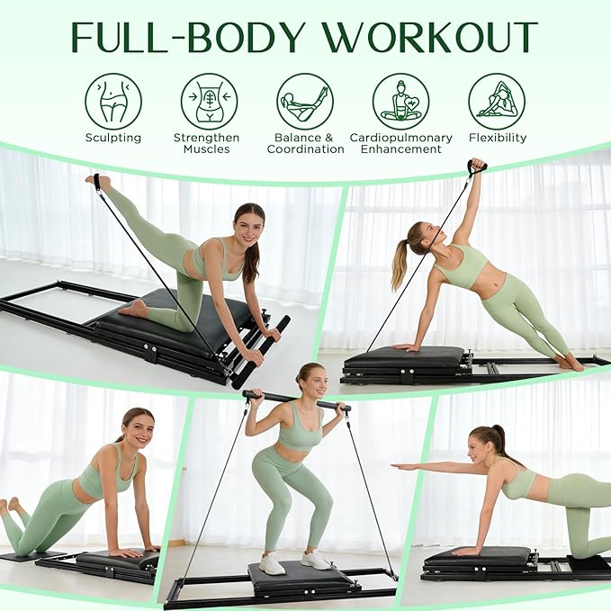Pilates Board, Foldable Pilates Reformer Set, Multi-Purpose Iron Extended Pilate Equipment, 7-in-1 Pilate Machines for Home Use, with Pilates Bar, Resistance Bands