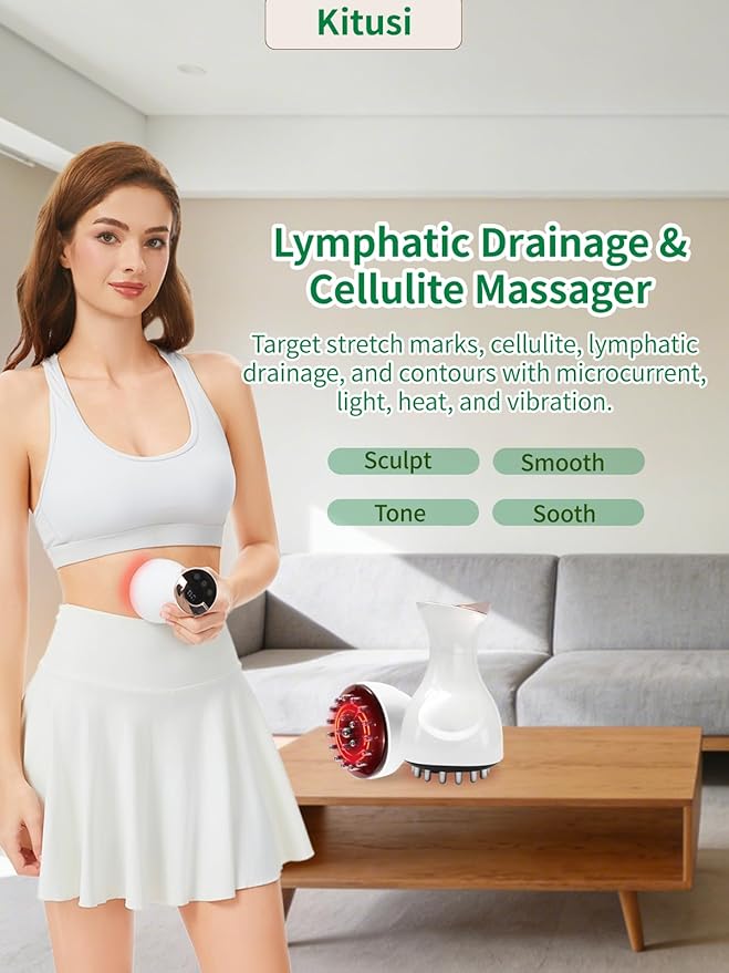 Lymphatic Drainage Massager & Anti Cellulite Massage Tool, for Legs, Arms & Belly, Body,Helps Reduce Stretch Marks & Cellulite,with Microcurrent, Light Heat & Vibration (White)