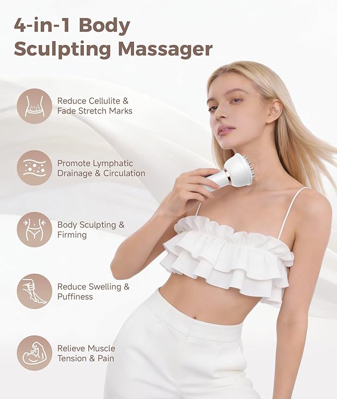 Lymphatic Drainage Massager, Anti Cellulite Massage Tool, Body Sculpting Machine with Red Light Therapy, Heating, Vibration for Stretch Marks & Cellulite, Gift for Women & Men, White
