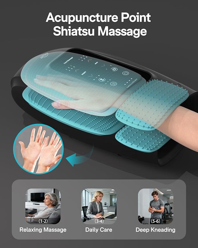 ALLJOY Hand Massager for Arthritis and Carpal Tunnel Relief, Touchscreen Cordless Hand Massager with Vibration and Heat, 6 Levels Pressure Point Therapy, Gifts for Women/Men