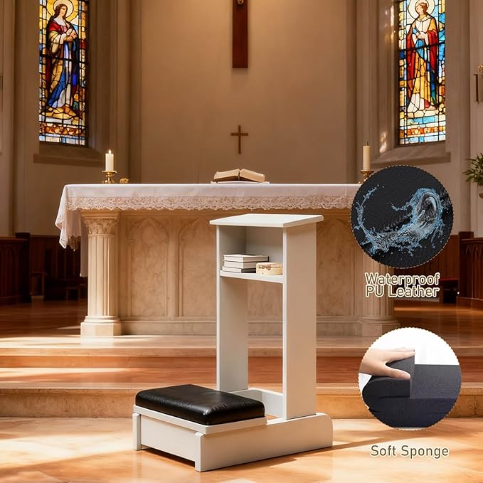 Church Prayer Bench Kneeler Wooden Prayer Kneeler with Book Shelf Prayer Table at Home with Cushion Pad Meditation Stool 20x16.5x33In Kneeling Stool for Religious Gifts(Brown)