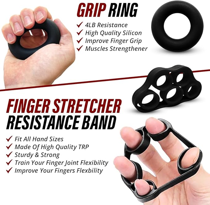 Hand Strength Kit With Finger Exerciser, Stretcher, Forearm Grip Adjustable Gripper, Exercise Ring and Stress Relief Ball for Athletes Muscle Trainer. Black