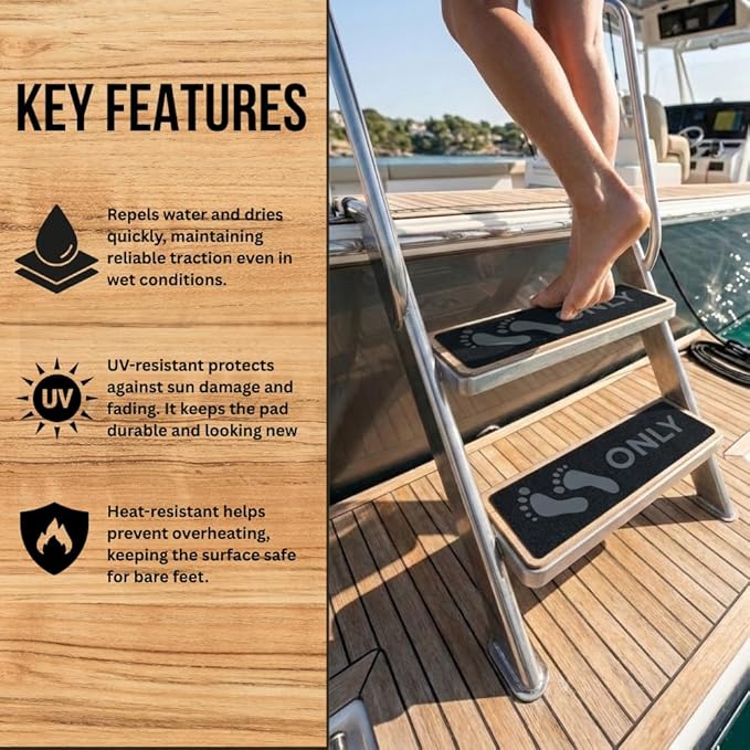 Naked Feet Only Step Pads Non-Slip EVA Foam Step Pad for Boat Gunwales & Ladders, 6mm Brushed Marine Grade Anti-Skid Adhesive Pads (Pair) SeaDek Technology - Black/Orange
