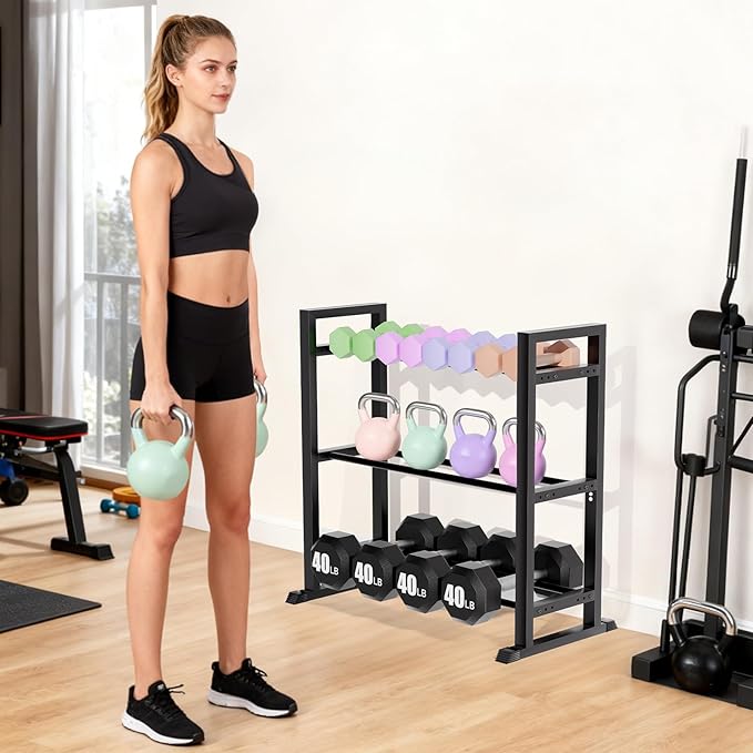 3-Tier Adjustable Dumbbell Rack ，Weight Storage Stand Holder for Dumbbells & Kettlebells, Heavy-Duty Metal Multi-Purpose Gym Equipment Storage Stand for Home Gym Accessories