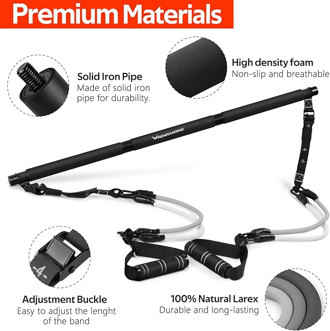 Pilates Bar Kit with Resistance Bands, Multifunctional Pilates Bar for Women & Men with Heavy-Duty Metal Adjustment Buckle, Pilates Home Equipment for Full BodyWorkouts