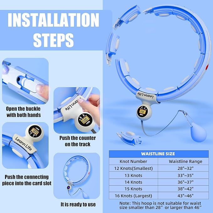 U5 Smart Weighted Hula Hoop with Counter & Waist Trimmer – 16 Knots, 28"–46" Adjustable Infinity Hoop Plus Size, Quiet Rubberized Wheels, Ab Workout Fitness, Weight Loss, Abdominal Toner