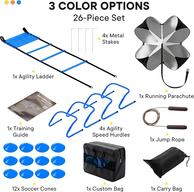 NEWBULIG Agility Ladder Speed Training Equipment, Football Practice Set with 20ft Ladder, 12 Cones, 4 Adjustable Hurdles, Jump Rope, Resistance Parachute for Soccer, Basketball, Youth, Adults