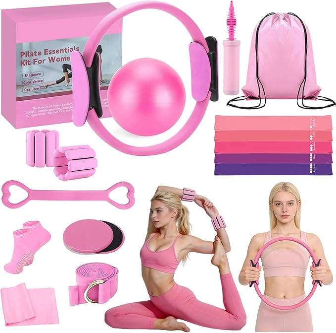 Pilates Kit for Home Workouts – Pilates Equipment Set with Ring, Ball, Resistance Bands, Pilates Accessories, Pilates Essentials Kit for Women, Pilates Sets for Home Exercise