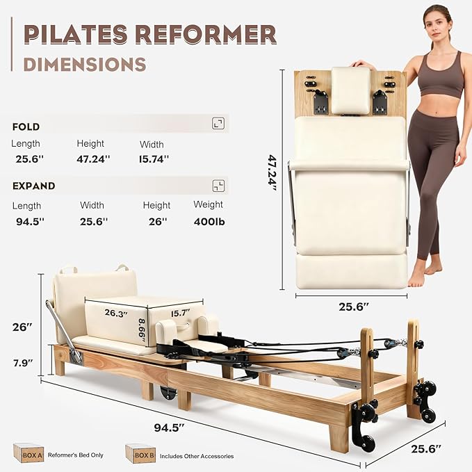 Pilates Reformer Machine, 95" Foldable Studio Grade Pilates Equipment with Adjustable Reformer Heights for Gym, Studio and Home, Oak Wood Pilates Reformer with Jump Board