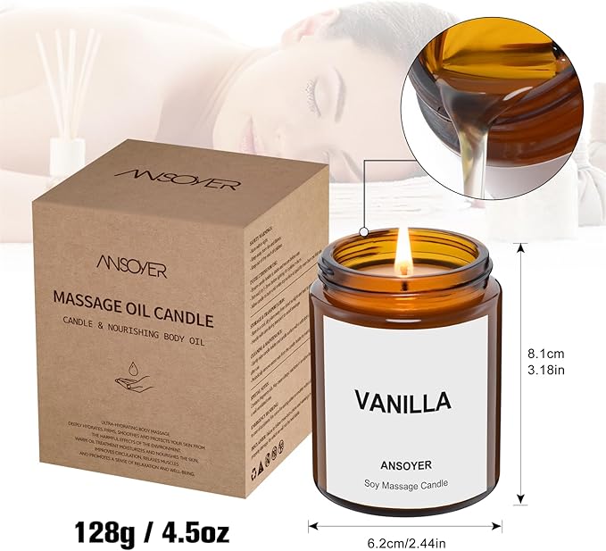 Massage Oil Candle, Romantic Gift SPA Use Home Scented Candle Body Oil, Ultra Hydrating Body Care with Soybean Oil, 4.5oz (Vanilla)