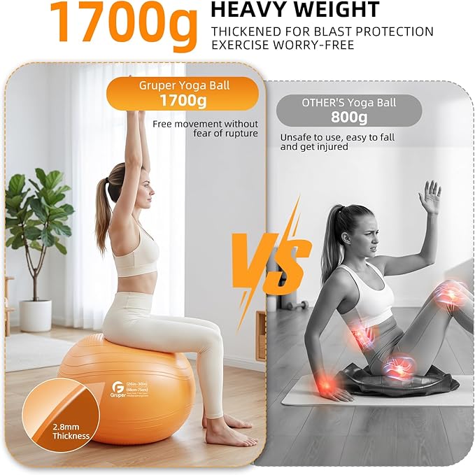 Gruper Yoga Ball, Extra Thick Non Slip Exercise Ball for Workout, Birthing, Balance, Stability, Pregnancy, 4 Sizes Anti Burst Chair for Home and Office, Includes Quick Pump & Fitness Guide