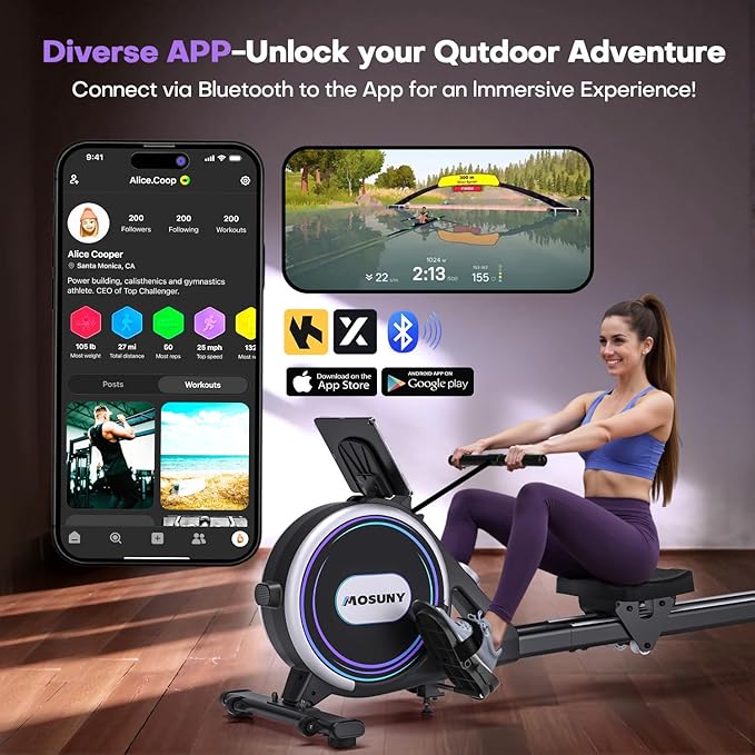 Rowing Machines for Home, 32-Level Adjustable Resistance, Magnetic Rowing Machine with App Supported, 400 LB Weight Capacity, Upgraded Dual Slide Rails with LCD Data Display Screen
