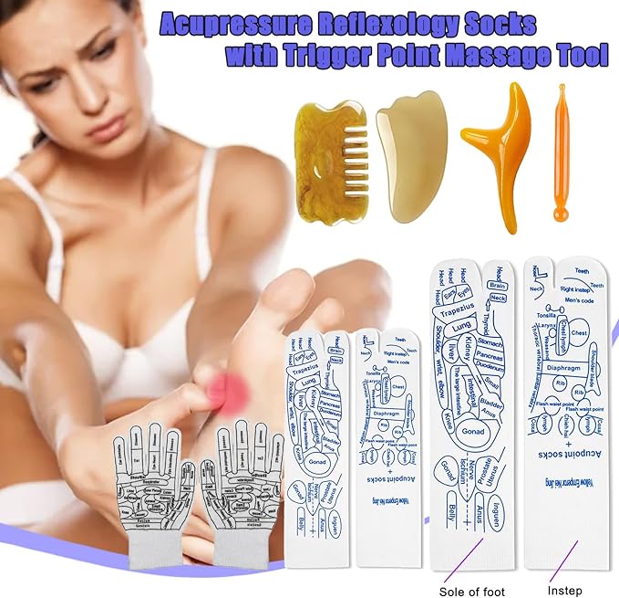 Reflexology Socks with Gloves Tools Set, Foot Massager Socks with 4pc Massage Tool, Socks with Trigger Point Massage Tool, Socks Suitable for Men and Women
