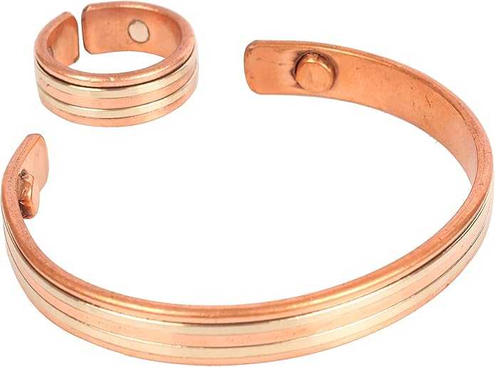 Handcrafted Copper Magnetic Hand Forged with Solid and High Gauge Tibetan Style Minimalistic Elegance Copper Bracelet and Matching Ring.