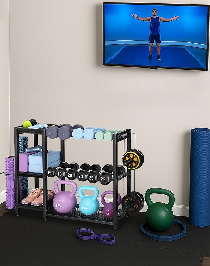 3-Tier Dumbbell Rack Stand Only - Adjustable Weight Rack for Home Gym, Heavy-Duty Weight Stand for Dumbbells Kettlebells Foam Roller Yoga Mats, Workout Equipment Storage Organizer With Hooks