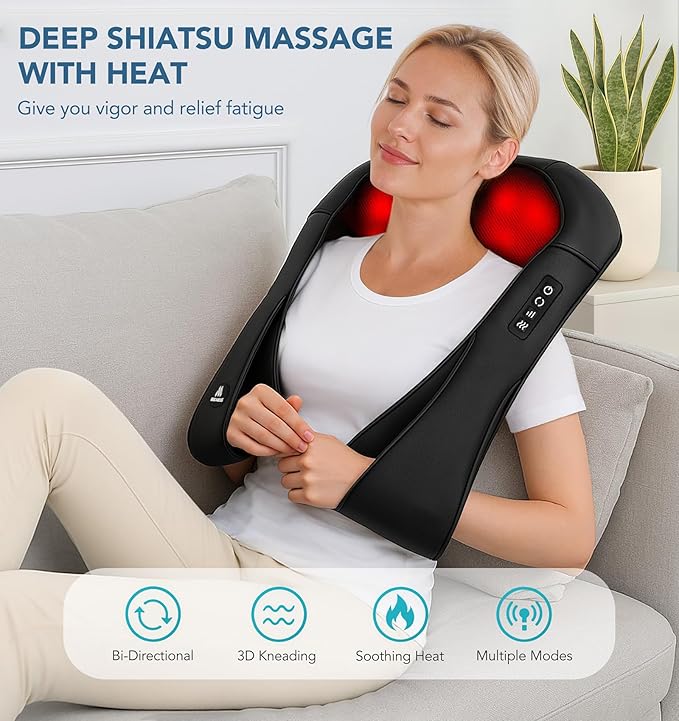 Neck Massager for Pain Relief Deep Tissue with Heat - Shiatsu Back and Shoulder Massage, Gifts for Women/Men/Dad/Mom/Her/Him/Valentine’s Day/Mothers Day/Fathers Gifts, Plug-in Use for Home Office Car