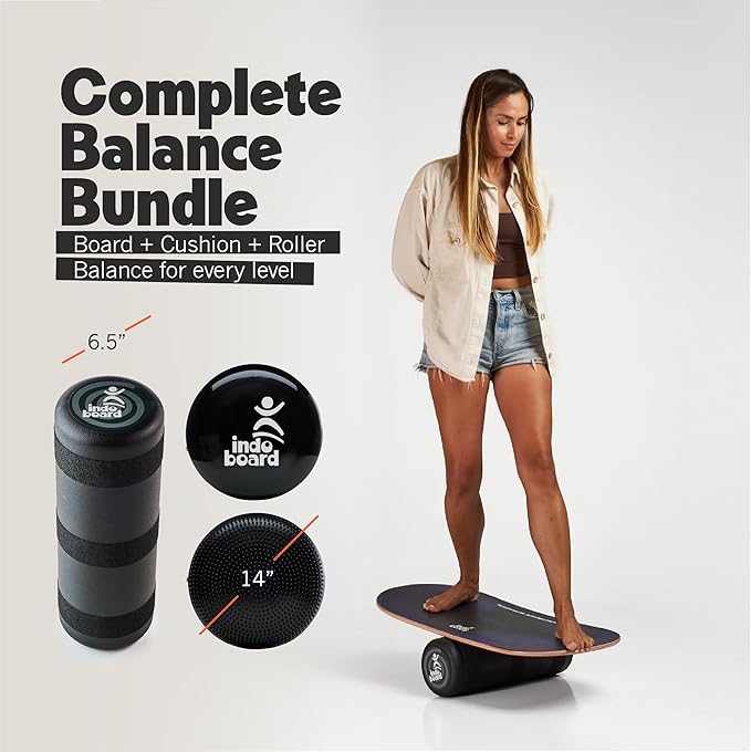 The Indo Board “Rocker” Training Package. Included Balance Board, Roller, and Cushion. Balance Training for Core Strength, Stability & Athletic Performance - Surfing, Skateboarding, Snowboarding. Designed for Progression.
