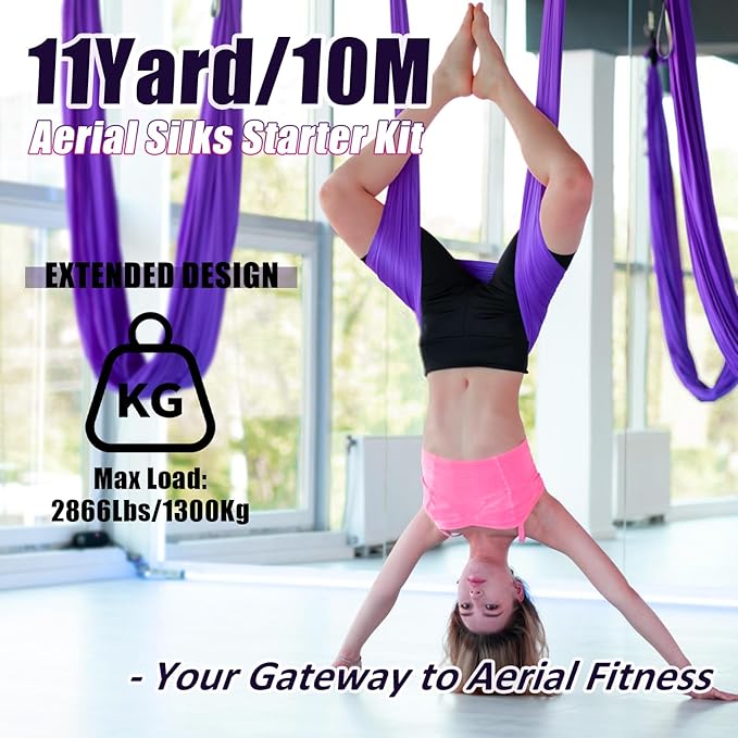 Aerial Silks Kit & Aerial Yoga Hammock - 11Yd Premium Fabric with Hardware - Easy Setup for Flying Yoga, Aerial Swing & Fitness - Supports Up to 14ft Rigging