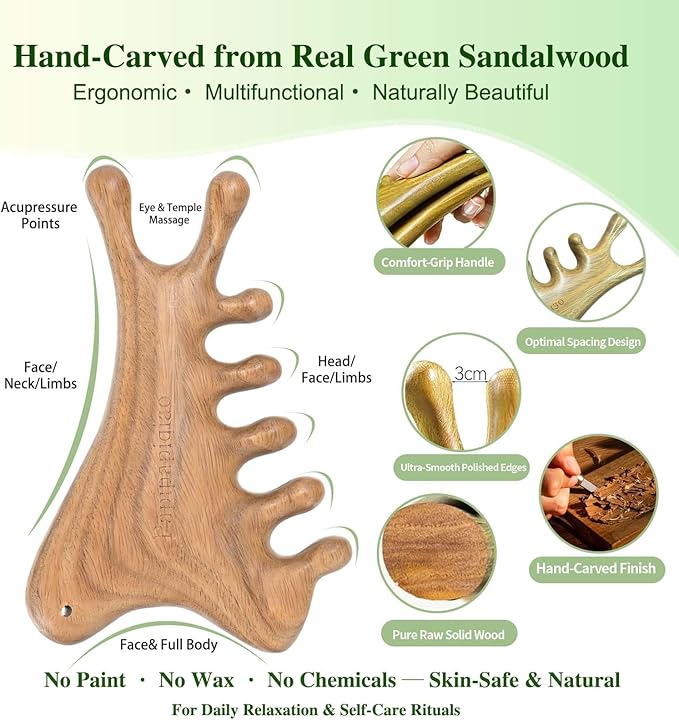 Gua Sha Tool for Face &Body,Gua Sha Sculpting Tool,Wooden Gua Sha Tool Face, Jawline Shaper Lymphatic Drainage Brush,Scalp Massage Tool&Head Scratcher,Face massager,Natural Green SandalWood