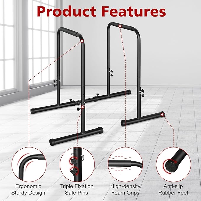 Dip Stand Station Heavy Duty Dip bar Adjustable Height/Width Fitness Workout for Tricep Dips, Pull-Ups, Push-Ups