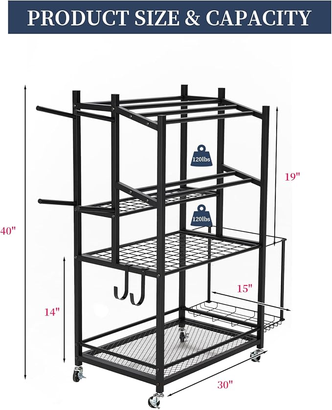 3-Tier Rolling Dumbbell Rack with Yoga Mat Basket & Hooks – Heavy Duty Steel Home Gym Storage Cart for Weights, Kettlebells, and Foam Rollers – 350Lbs Capacity Mobile Organizer with Lockable Wheels (Black)