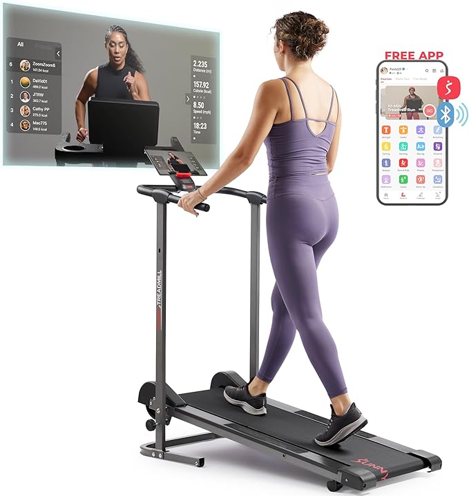 Sunny Health & Fitness Walking Pad Treadmill with Handle, Manual Compact Foldable Design Walking Running Non-Slip Surface Treadmill with Fixed Incline, LCD Monitor, Bluetooth Optional