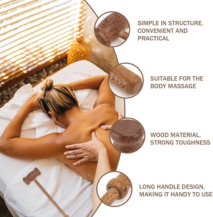 Back Massager Handheld Wooden Massage Hammer for Body Pain Relief Neck Shoulder Leg Feet Relaxation 15.74 Inch Long Handle Tool