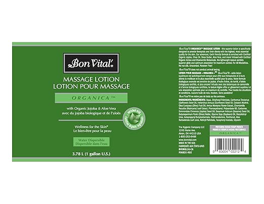 Bon Vital', Organica Massage Lotion, 1 Gallon, Lightweight Massage Lotion for Massage Therapy and Bodywork, Certified Organic Ingredients, Unscented, Professional Spa Use