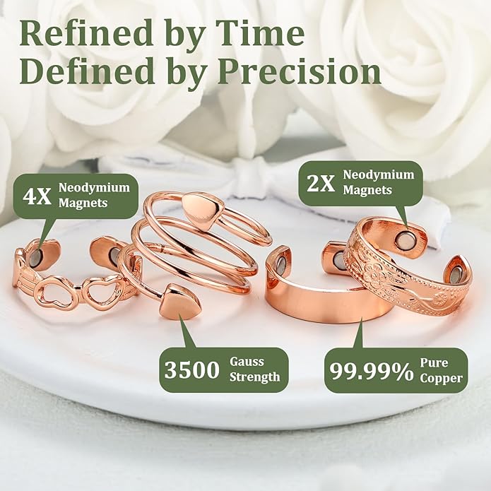 4PCS Copper for Women,99.99% Pure Copper Magnetic Thumb with Magnet,Lymphatic Jewelry Gifts for Womens(Vintage Floral & Heart Set) (Rose SET)