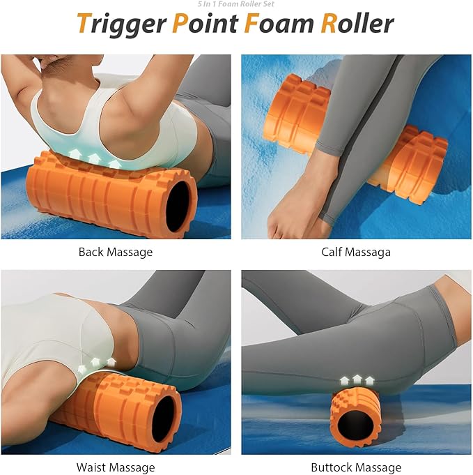5-in-1 Foam Roller Set for Deep Tissue Muscle Massage, Trigger Point Fitness Tool with Muscle Stick Roller, Massage Ball, Stretching Strap for Whole Body (Orange-New)