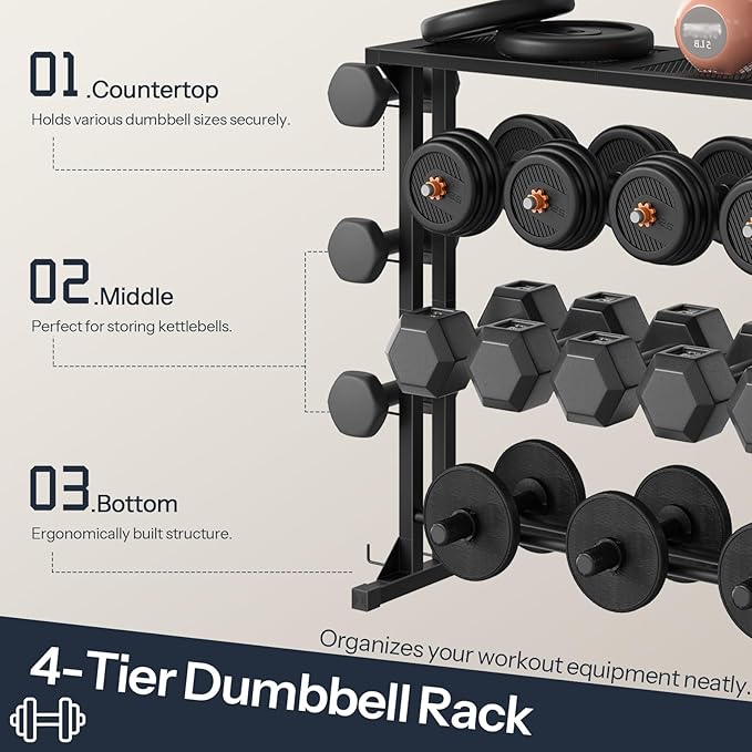 HOOBRO 4-Tier Dumbbell Rack, Weight Rack Heavy-Duty Weight Stand with Non-Slip Floor Protection & Side Hooks, Multi-Tier Storage Organizer for Home and Professional Gym Use, Black BK87CJ01N1
