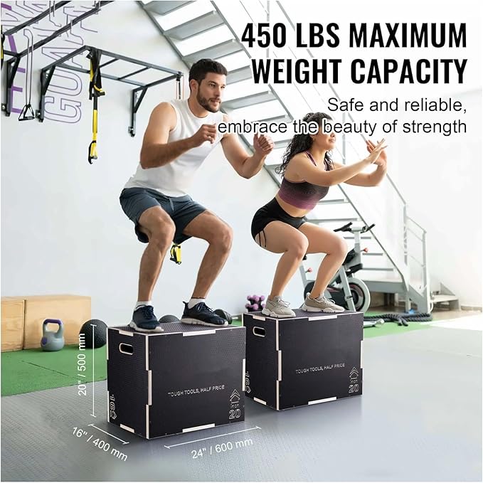 Plyometric Jump Box 3-in-1, 24/20/16 Inch Wood Plyo Box, Fitness Step Platform, Agility Training Box - Home Gym, Strength & Conditioning, Black