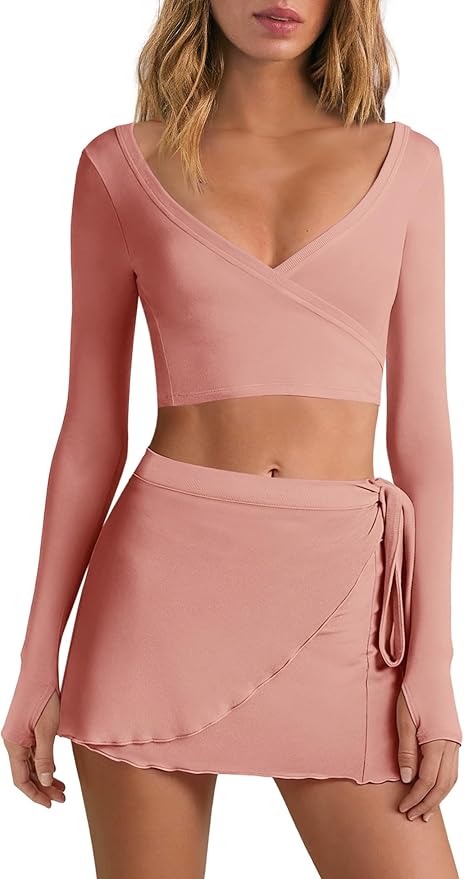 Nirovien Womens 2 Piece Workout Sets Sexy Pilates Outfits Athletic Gym Yoga Sets Ballet Wrap Top and Skirt