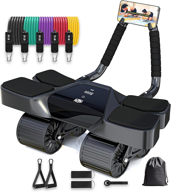 Ab Roller Home Gym Equipment – 4 Wheels Ab Wheel Muscle Roller with LCD Screen, 5Pcs Resistance Bands, Ankle Straps, Door Anchor, Handles, Travel Bag – Comfortable Elbow Support with Non-Slip Handles