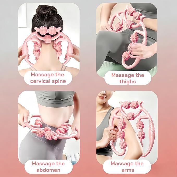 Full Body Massage Tool with 9 Rollers, Pink Manual Massager for Neck, Shoulder, Back, Arms, Legs, 25cm Length, Double Massage Area Design