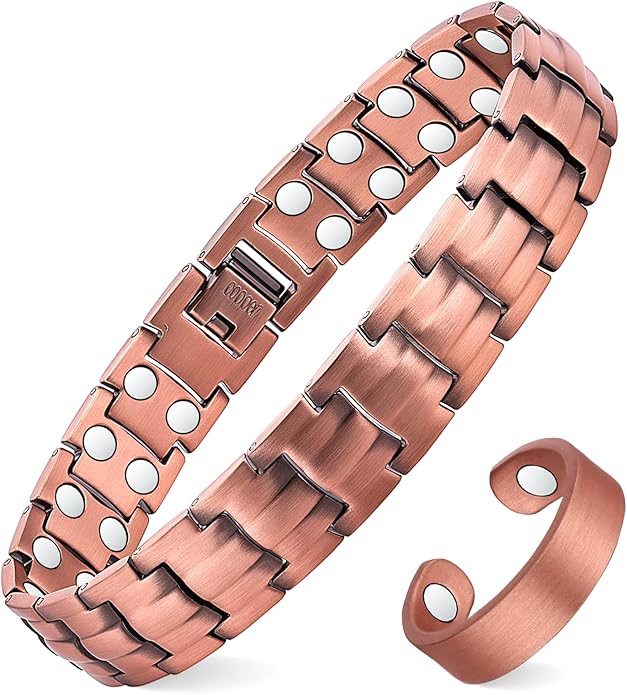 MagEnergy Mens Copper Magnetic Bracelets, 99.9% Pure Copper Bracelet with Double-Row Strength Magnets, Adjustable Jewelry with Sizing Tool