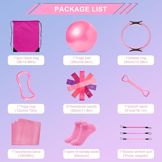 18-Piece Home Pilates Essentials Kit for Women - Complete Workout Equipment Set with Resistance Band, Yoga Ball, Ring, and Anti-Slip Socks (Pink)