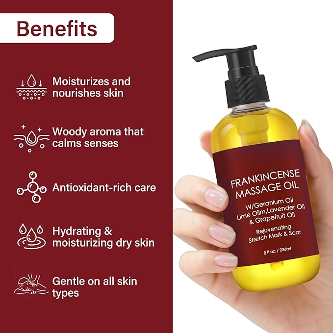 Frankincense Massage Oil for Women,Massage Therapy Oil for Soreness & Stiffness,Stretch Marks and Scars Body Oil for All Skin Types（8oz）