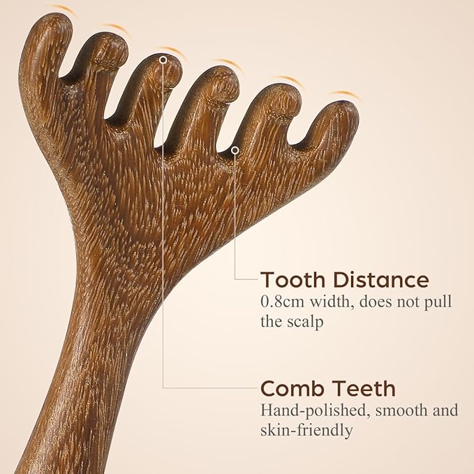 Wooden Foot Massage Rake with Handle - 5.7in Manual Deer Antler Massager Tool 6 Claw Sandalwood Wide Tooth Comb for Scalp Feet Family Travel Acupressure Blood Circulation Fatigue Relief