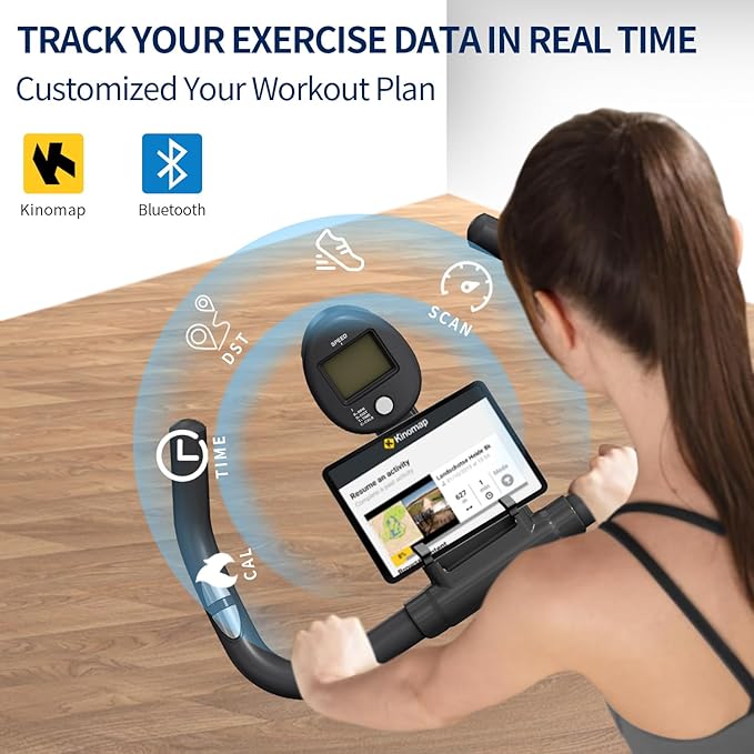 Exercise Bike with Exclusive Heart Rate Sensor and APP Sync, Stationary Bikes for Home with Continuously Variable Resistance, Compact Indoor Cycling Bike with Tablet Mount