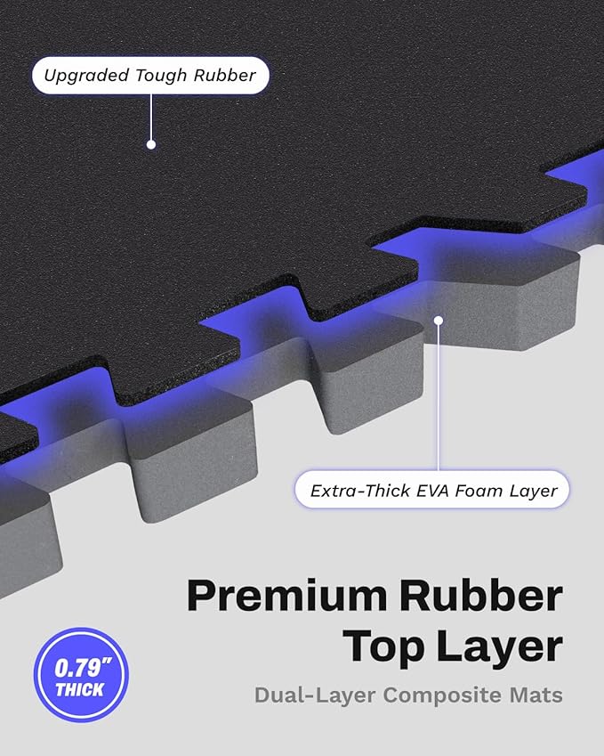 AIRHOP 0.79in Thick 72 Sq Ft Exercise Equipment Mats, 18 Tiles Upgraded Rubber Top with High Density EVA Foam, Large Interlocking Puzzle Gym Flooring for Home Gym, Heavy Weight Workout,Black