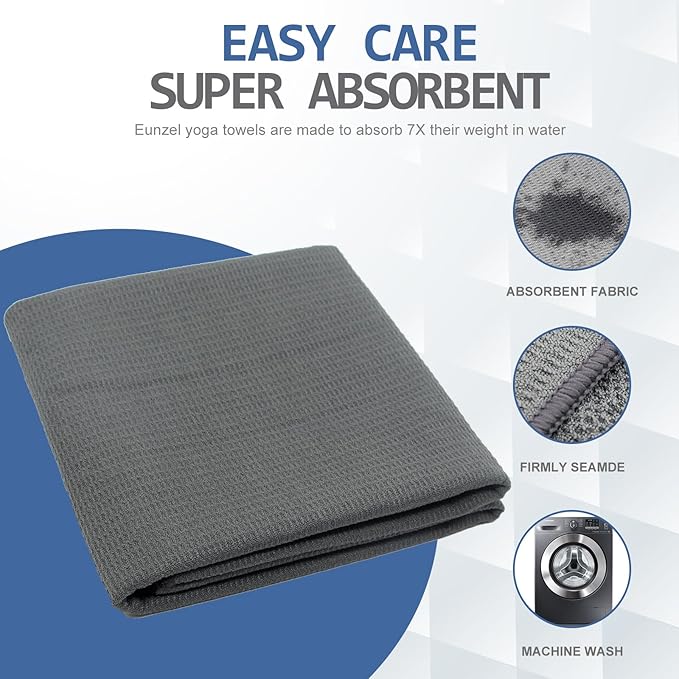 Eunzel Hot Yoga Towel, Non-Slip Yoga Mat Towel with Silicone Grip Dots Absorbent Microfiber for Exercise, Fitness, Pilates, Grey