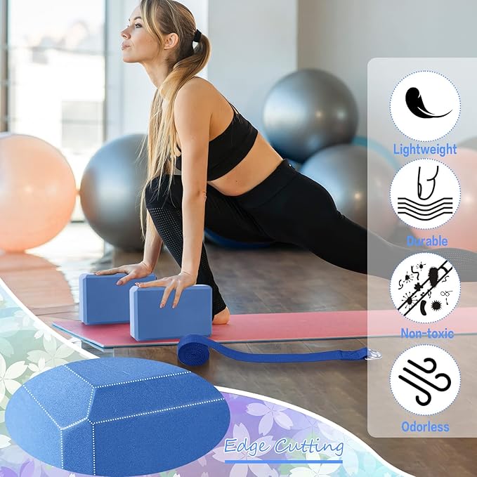 Wettarn 30 Pack Yoga Block and Strap Set 15 Pcs Non-Slip Yoga Blocks with 15 Pcs Metal D Ring Stretching Exercise Workout Fitness Accessory for Gym