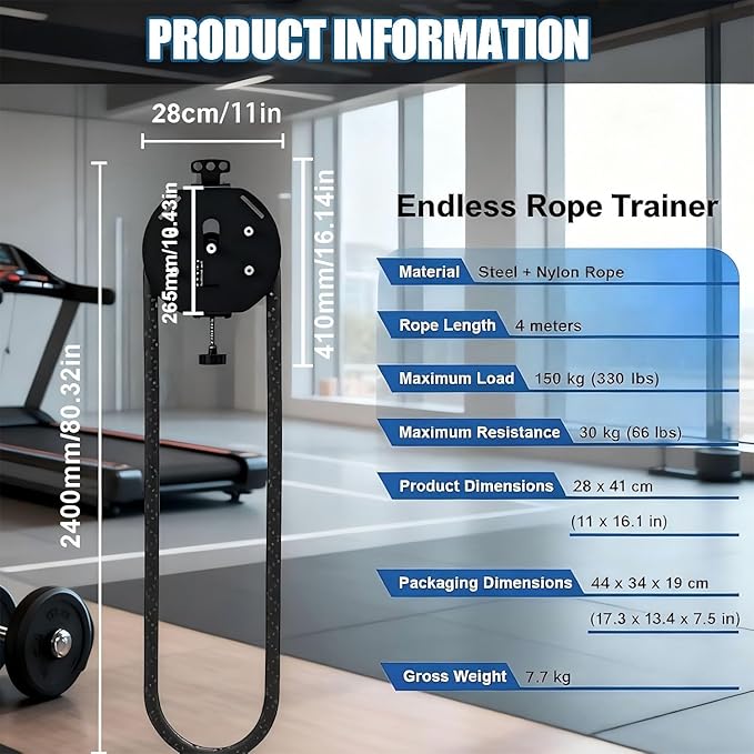 Endless Rope Trainer, Resistance Trainer Machine, Pulley Puller Fitness Rope Training Kit, Pulley String Climbing Machine Adjustable Resista, 4m/13.12ft Closed-Loop Nylon String, Home Gym