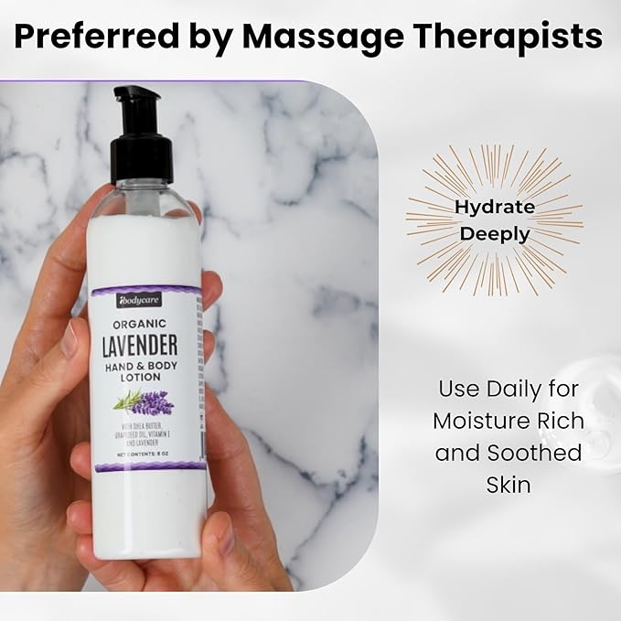 Lavender Massage Lotion Body Moisturizer with Organic Shea Butter & Grapeseed Oil, Vegan, Ideal for Massage Therapy, Spas, and Home Body Cream