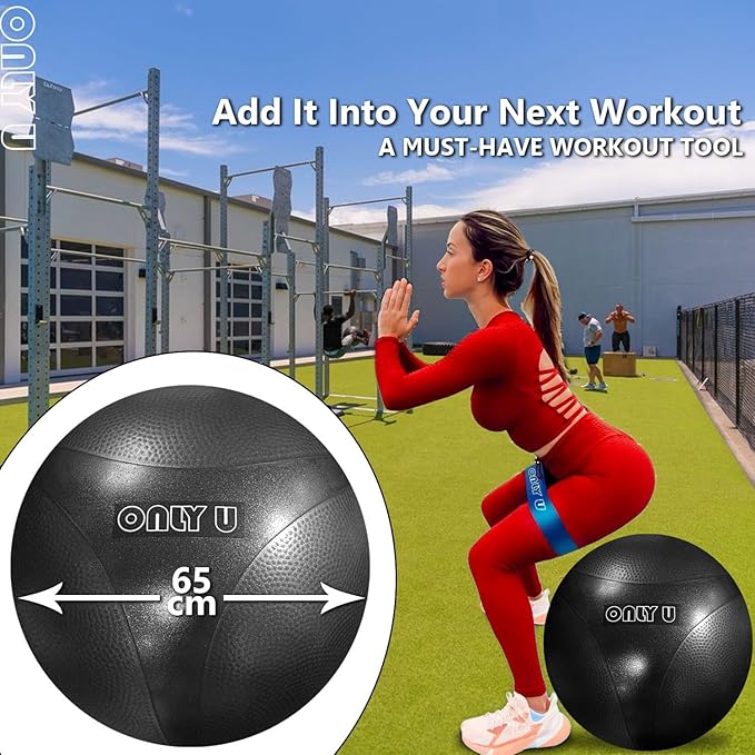 only U Premium Yoga Ball, Exercise Ball, Fitness, Balance and Stability Ball, 65cm Size, Eco-Friendly PVC, Anti Burst, Inflatable, Heavy-Duty Exercise Ball, Black, Hand Air Pump Included, Brand