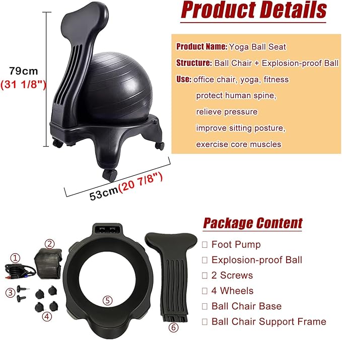 Ergonomic Support Exercise Ball Chair for Office, Premium Balance Ball Chair with Wheels for Easy Movement, Stability Desk Posture Chair, Pink Ball